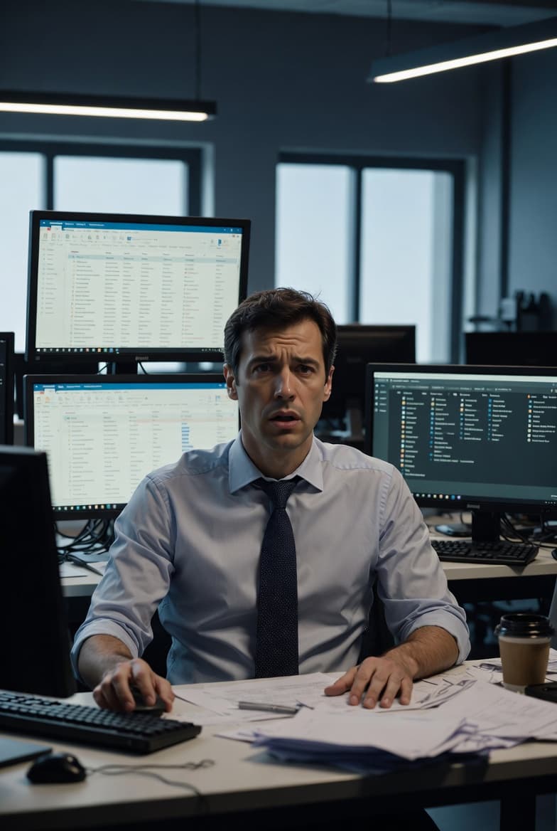 Advogado estressado olhando para várias telas com Outlook e SharePoint abertos