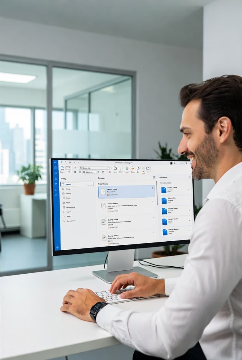 Advogado trabalhando no Outlook com painel lateral do Shareasy aberto