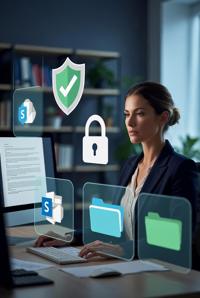 Profissional trabalhando com ícones de segurança e governança documental