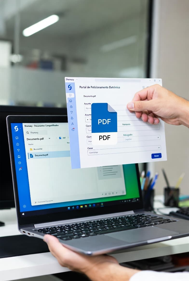 Advogado arrastando documentos do SharePoint para um portal judicial