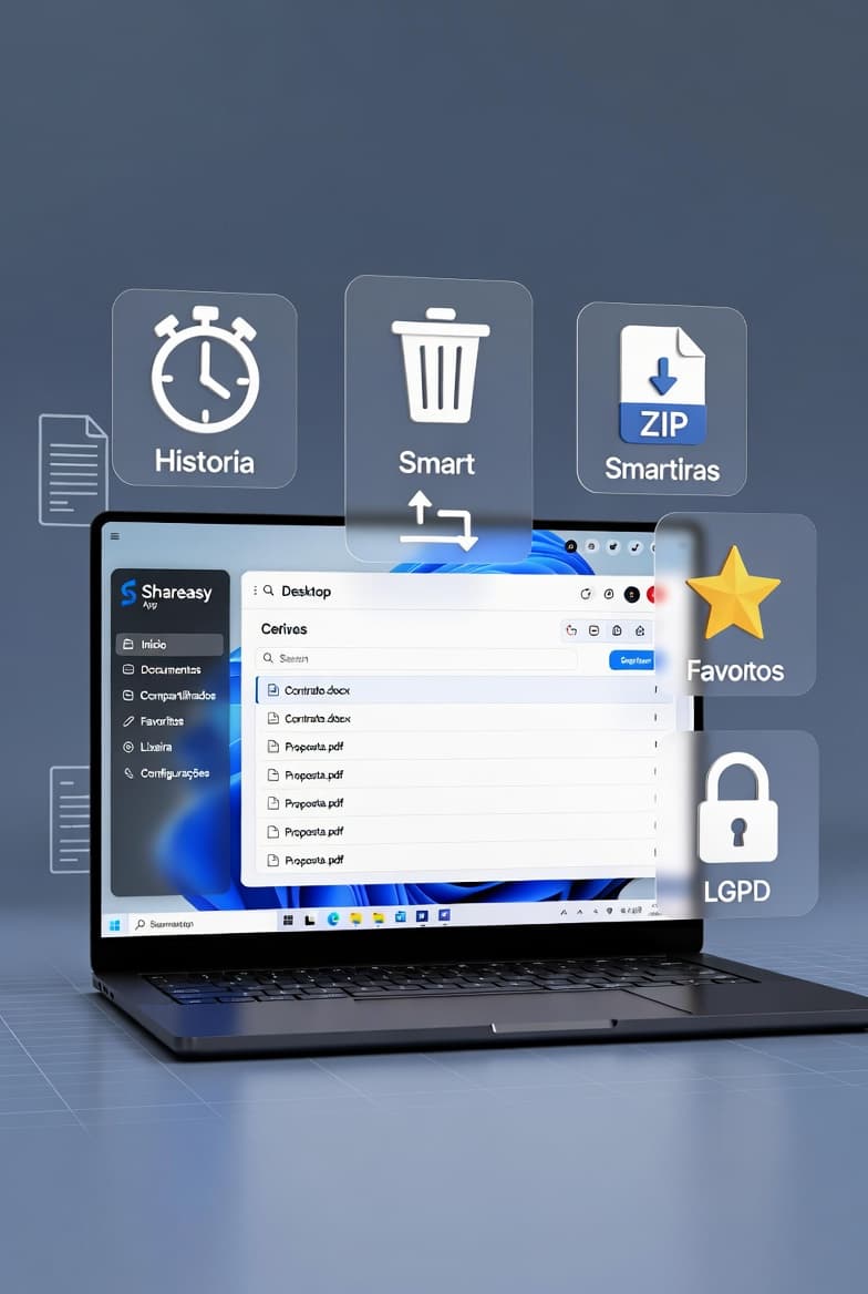Montagem visual com funcionalidades do Shareasy em destaque